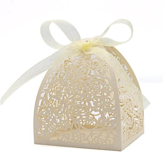 KPOSIYA Pack of 70 Laser Cut Rose Candy Boxes, Favor Boxes 2.5"x 2.5"x 3.1", Gift Boxes Bridal Shower Anniverary Birthday Party Wedding Favor (Beige)