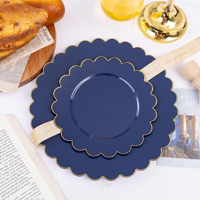 LIYH 60 Pcs Navy Blue Plastic Scalloped Plates with Gold Rim, Blue and Gold Disposable Patriotic Plates for Party Included 30 Dinner Plate 10.25 30 Dessert Plate 7.5 Inch for Party