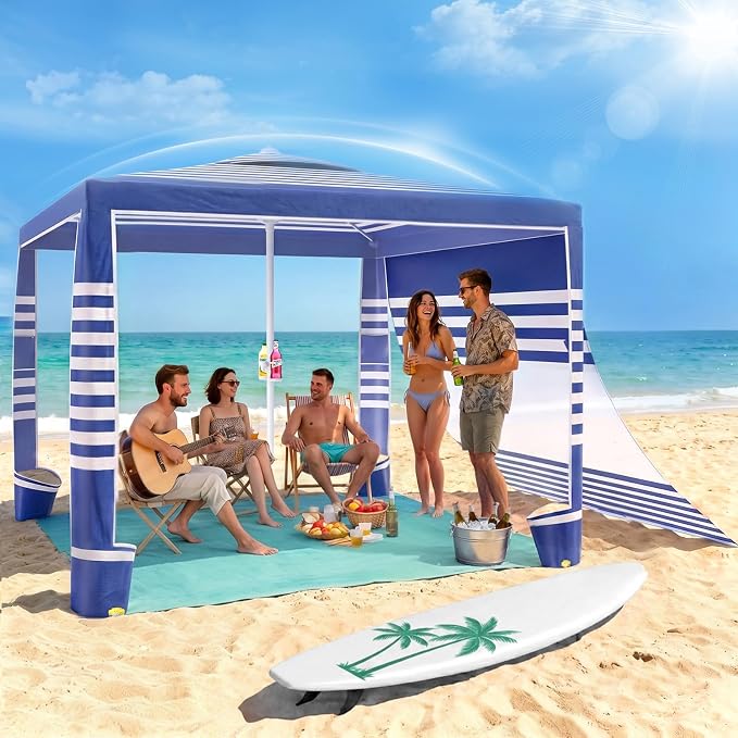 Beach Cabana, 8 x 8 ft Large Pop Up Beach Canopy Tent Sun Shelter for 6-8 Person Family, UPF 50+ UV Protection Beach Shade with Sidewall & Sandbags, Windproof Reinforced Poles for Beach Camping