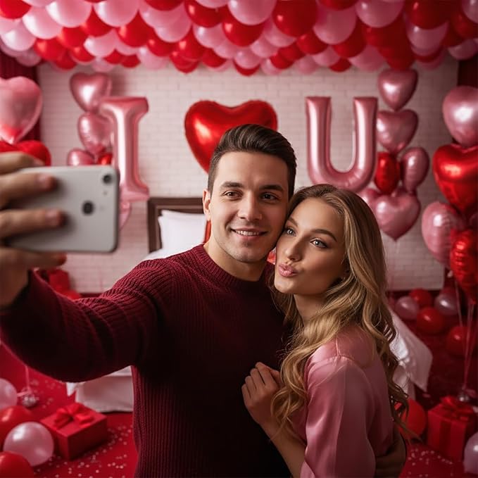I Love You Balloons Red and pink romantic balloon kit with and pink heart Red LOVE mylar balloons Red rose petals for hotel Decorations Valentines Party wedding anniversary supplies
