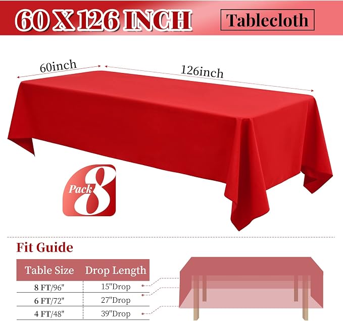 8 Packs Red Rectangle Tablecloth - 60 x 126 Inch, Premium Polyester Table Cloth for 6 Foot Rectangle Tables, Washable Fabric Table Covers for Wedding, Party, Banquet, Dining