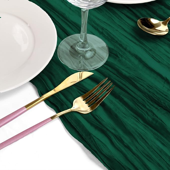 8 Pack 10 ft Dark Green Christmas Cheesecloth Table Runner 35x120 Inches Boho Gauze Rustic Cheese Cloth Runners Long Romantic Sheer Table Runner for Wedding Bridal Shower Party Decoration