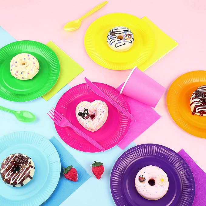 Ziliny 420 Pcs Rainbow Neon Party Supplies Paper Plates and Napkins 9 oz Paper Cups Forks Knives Spoons Disposable Tableware for Rainbow Birthday Party Supplies, Serves 60(Rose Red, Purple, Yellow)