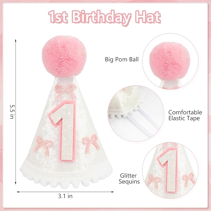 THAWAY 1st Birthday Decorations Girl - Pink First Birthday Decorations for Girl with One High chair banner, Felt Banner, Hat and Glitter Cake Topper for Baby Girl Birthday Photoshoot Props