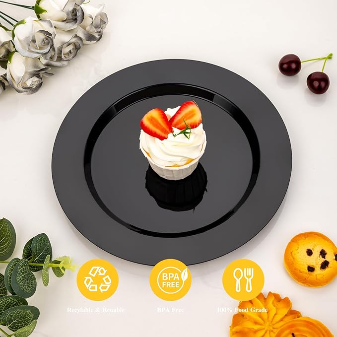 Goodluck 200PCS Black Plastic Plates, Heavy Duty Disposable Black Plates with 100 10.25 inch Dinner Plates and 100 7.5 inch Dessert Plates for Party, Holiday, Wedding