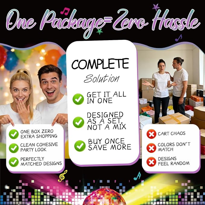 301pcs Disco Party Decorations for 70s, All-in-one 70s Party Decorations for 25 Guests, with No-DIY Banner Thick Plates and Disco Balloon Arch, Disco Photo Booth Props, Easy Setup for 70s Party