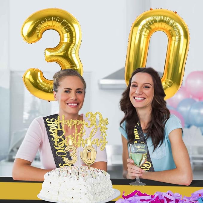 30th Birthday Decorations for Him Her with 30th Birthday Banner, Black and Gold Table Cloth, Number Balloons, Large Sash, Cake Topper and Candles