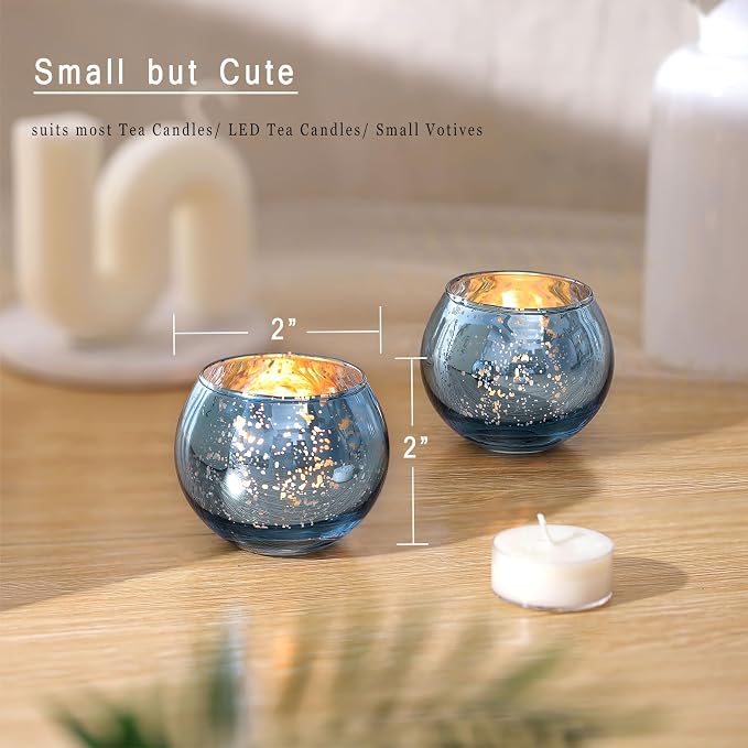 12 Pcs Blue Votive Candle Holders- Blue Centerpieces for Tables, Round Mercury Glass Candle Holder for Bridal Shower Decorations, Wedding Decor