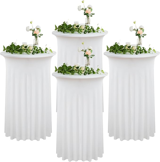 4 Pack Ivory High Top Cocktail Tablecloths Round 32inch×43inch, Wrinkle Free Stretch Spandex Cocktail Table Cloth Covers for Cocktail Party Wedding Banquet Baby Shower Birthday