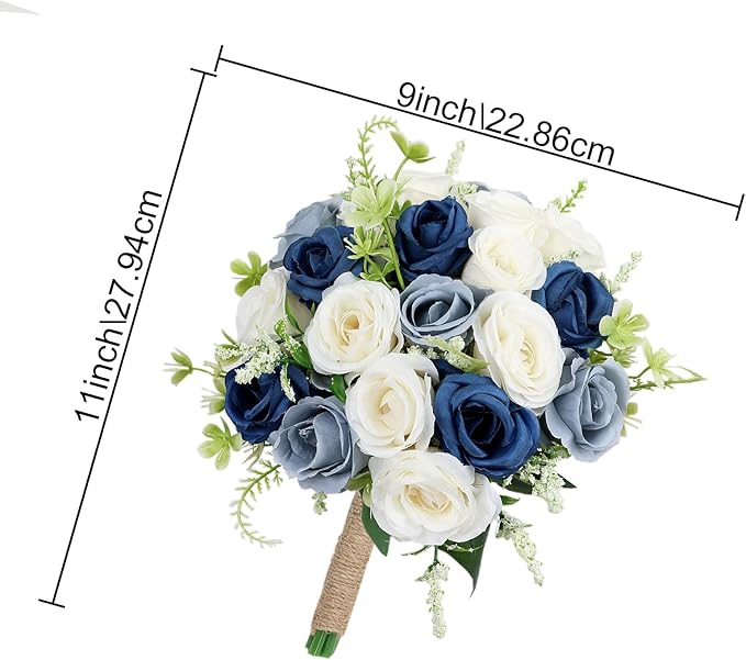 Set of 6 Bridesmaid Bouquets for Wedding - 7 Inch Artificial Flower Bouquet for Party Ceremony Anniversary Dinning Table Centerpieces Decor -Navy Blue & Dusty Blue & White
