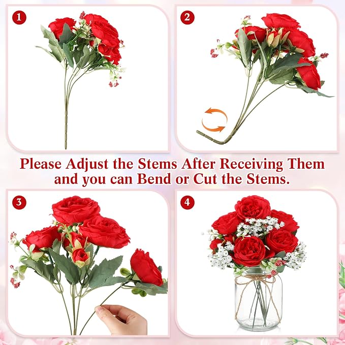 Zeyune 12 Sets Mason Jar Centerpiece Table Decorations, Artificial Peony Baby's Breath Flower Bouquets, Faux Flowers with Vase, Rustic Decor Gifts for Home, Wedding, Holiday (Red)