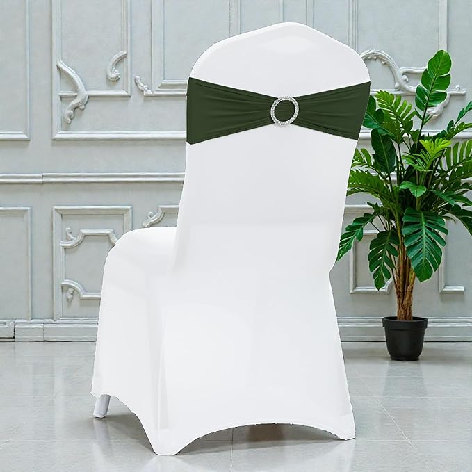 VDS - Olive | Spandex Chair Sashes Bows | 75 PCS | Stretch Elastic Banquet Universal Folding Chair Band Tie with Silver Buckle Slider for Wedding Party Conference Celebration Event Decoration