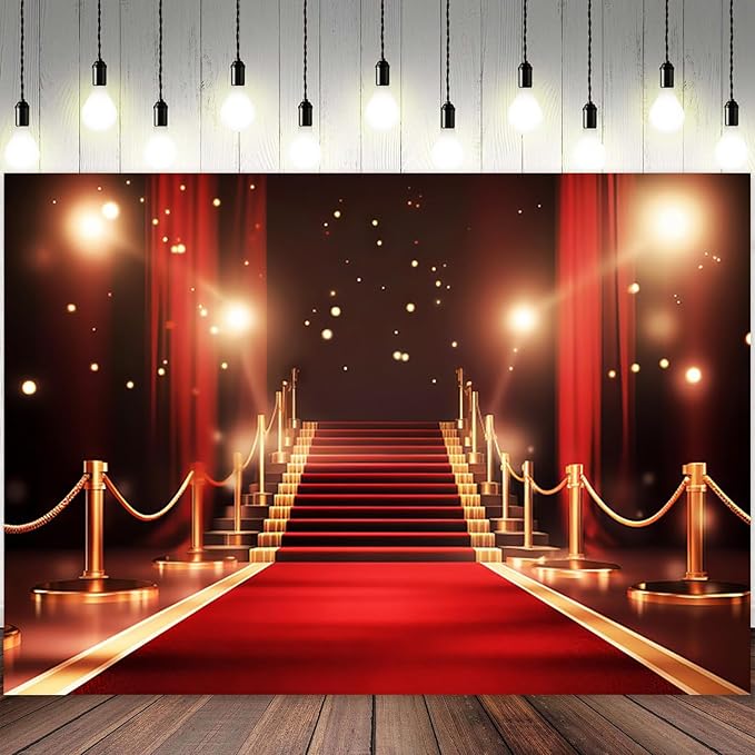 15x8ft Red Carpet Backdrop Golden Red Curtain Photography Background Glitter Dots Stairway Movie Premiere Award Ceremony Catwalks Stage Banner Decorations Kids Portrait Photo Booth Prop