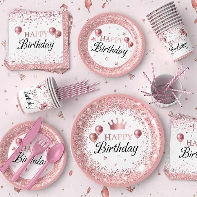 Rose Gold Birthday Party Supplies,212Pcs Disposable Party Decorations Includes Disposable Paper Plates, Napkin, Fork, Knives Spoons Cup, Tablecloth, Banner Balloons Straws for 24 Guests