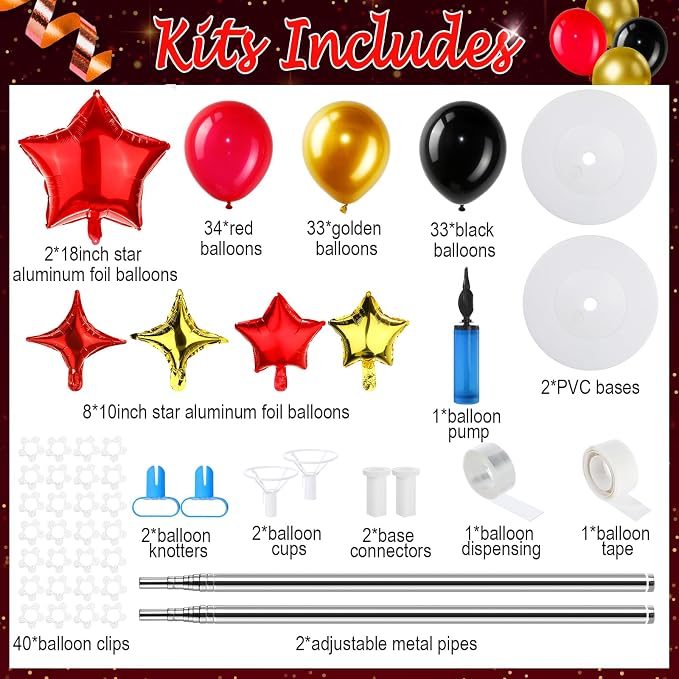 Gejoy 110 Pcs Red Gold Black Balloons Column Stand Kit Adjustable Tower Stand from 1.4 to 6.6 ft with Bases for Back to School Wedding Birthday Baby Shower Party