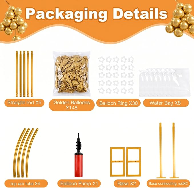 Balloon Arch Stand Kit Set with 145PCS Metallic Gold Balloons – Duty Metal Wedding Backdrop Frame with 8 Water Bags, Gold Semi-Open Arch for Birthday, Party Decorations Indoor Outdoor.