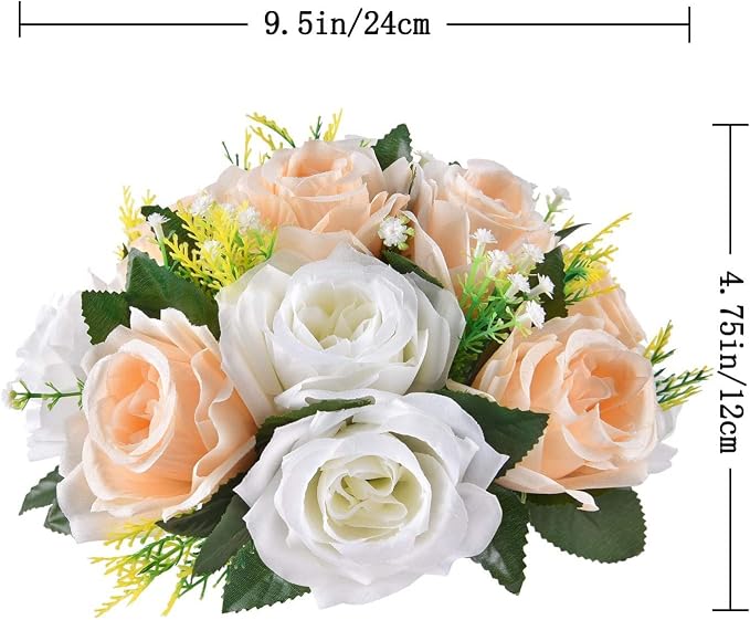 Artificial Flower Centerpieces for Tables - 6pcs of Rose Balls, Classic Kissing Floral Balls, Fake 15-head Plastic Roses with Base for Birthday Party Christmas Home Wedding Decor(Champagne White)