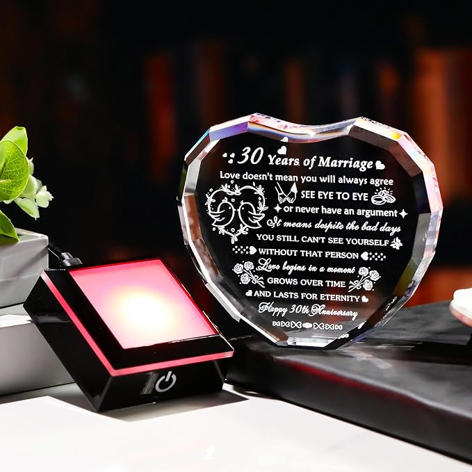 Arikyrist 30th Wedding Anniversary Crystal Heart Gifts for Couples Parents, Laser Engraved 30 Year Anniversary Crystal Keepsake Gifts for Wife Husband, Romantic 30 Years of Marriage Gift for Her Him