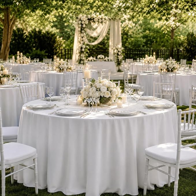 Surmente 132 inch Round Tablecloths -5 Pack White Round Table Cloths, Polyester Fabric Table Covers for Weddings, Banquets, or Restaurants