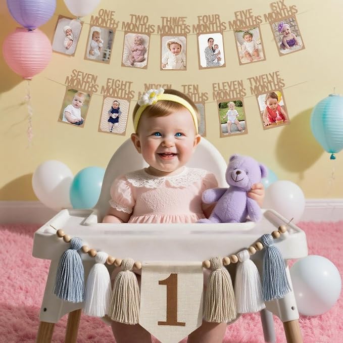 Baby First Birthday Party Decorations First Highchair Banner For Baby Boys Blue High Chair Banner Crown Cake Topper Baby Photo Banner 1st Birthday Photo Backdrop (Blue)