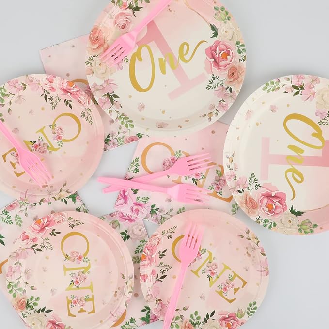 96Pcs 1st Birthday Party Supplies - Girls' One Year Tableware with Floral Birthday Plates, Napkins, Dinnerware, Decorations & Favors for Baby Shower, Serves 24