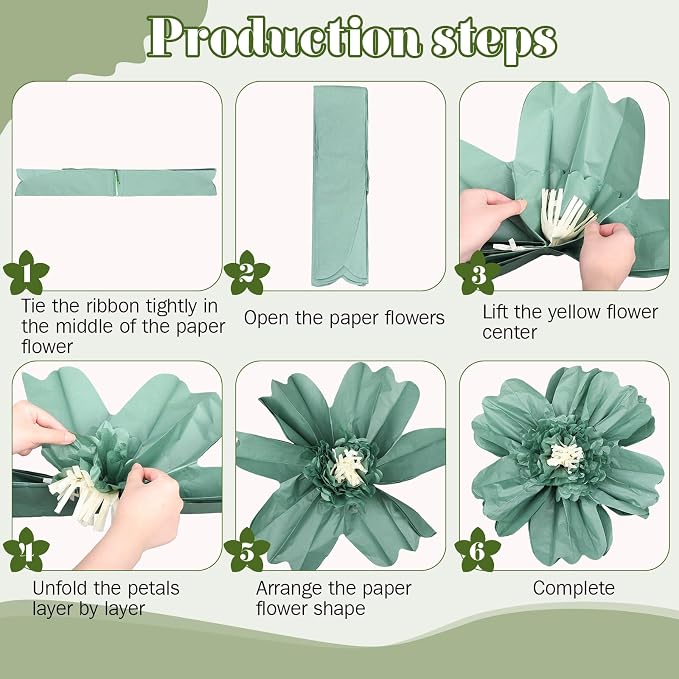Crowye 12 Pcs Large Colorful Tissue Paper Flowers Decorations Giant Fiesta Craft Crepe Paper Flowers for Wall Decor Backdrop Mexican Wedding Birthday Carnival Party (10'' 20'',Green Color)