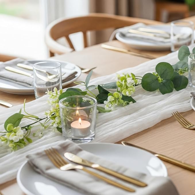 6 Sets 9.8ft White Cheesecloth Table Runner with 5.9ft Artificial Eucalyptus Garland Rustic Boho Wedding Greenery Garland for Table Outdoor Wedding Arch Baby Showers Bridal Party Decor