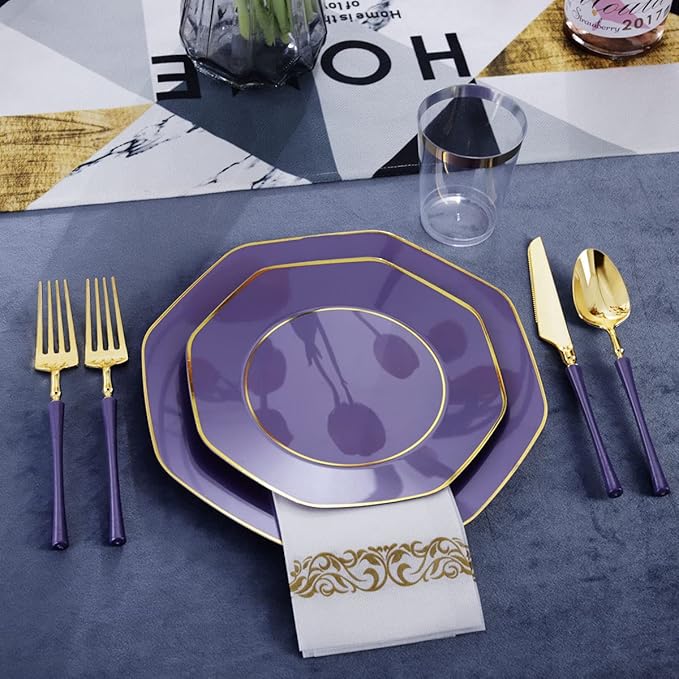 KIRE 140Pcs Purple Plastic Plates with Gold Rim& Gold Disposable Plastic Silverware with Handle&Clear Cups&Hand Napkin- Geometric Purple Plastic Plates for Parties/Wedding