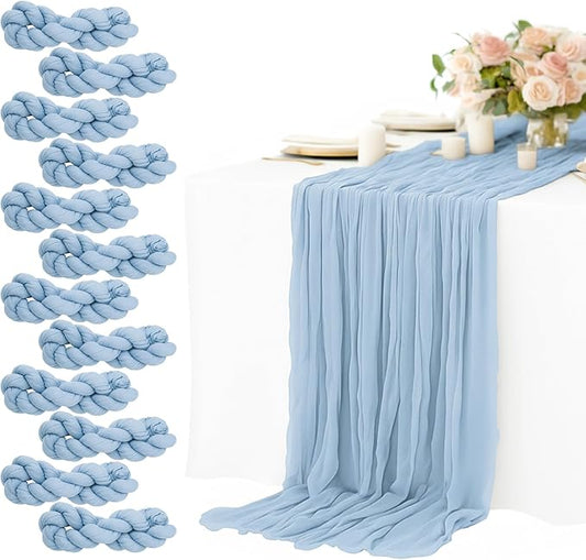 12 Pack Dusty Blue Cheesecloth Table Runners 10FT Long – 35 x 120 Inch Boho Gauze Table Runners for Engagement, Wedding, Baby Shower & Home Decor – Soft Wrinkled Polyester Fabric