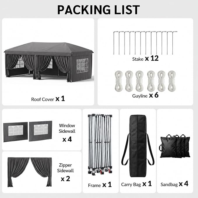 KIGOTY 10x20 FT Portable Pop Up Canopy Tent, Adjustable Height Instant Gazebo with Sidewalls,Sandbags, Waterproof Outdoor Canopy for Camping, Parties, Vendor Events (Grey, 3m × 6m with sidewalls)
