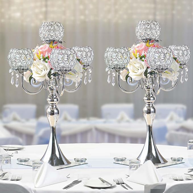 2Pcs Elegant 5-Arm Tea Light Crystal Candle Holder with Pendant Chain & Round Crystal Bowl - 22.5 Inch Tall Silver Wedding Table Centerpiece for Holiday Events, Parties & Home Decor