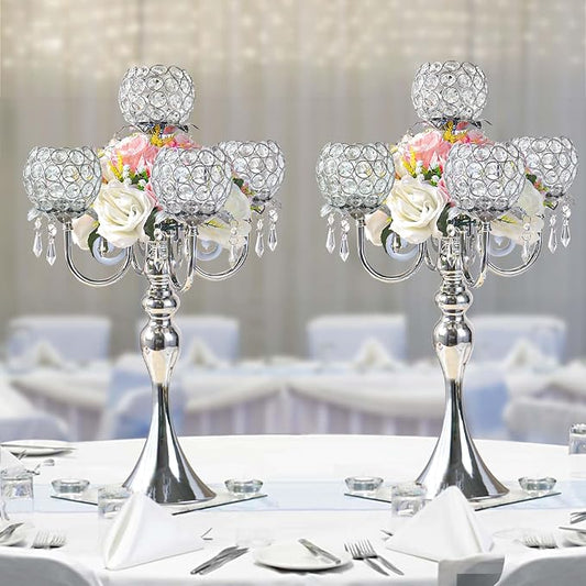 2Pcs Elegant 5-Arm Tea Light Crystal Candle Holder with Pendant Chain & Round Crystal Bowl - 22.5 Inch Tall Silver Wedding Table Centerpiece for Holiday Events, Parties & Home Decor
