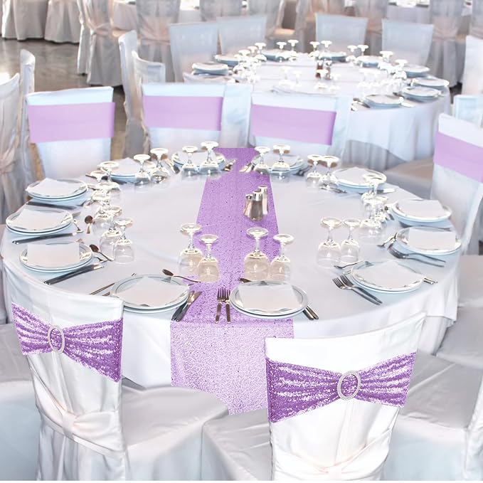 Newwiee 54 Pcs Rose Purple Sequin Chair Sashes and Table Runners, 48 Sequin Chair Bows, 6 Glitter Table Runners for Birthday Party Wedding Banquet Holiday Decorations
