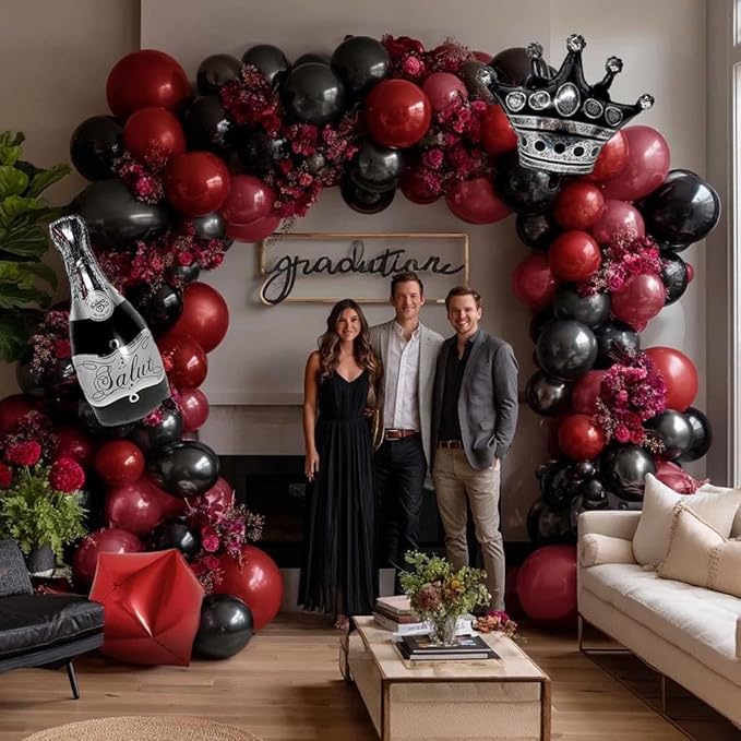 Red Black Party Balloon Kit 2pack Foil Fringe Curtains,Square Foil Wine Bottle Crown Balloons Doubled Burgundy Black Balloon Arch for Birthday Bachelorette Gothic Vampire Celebration Wine Party Decor