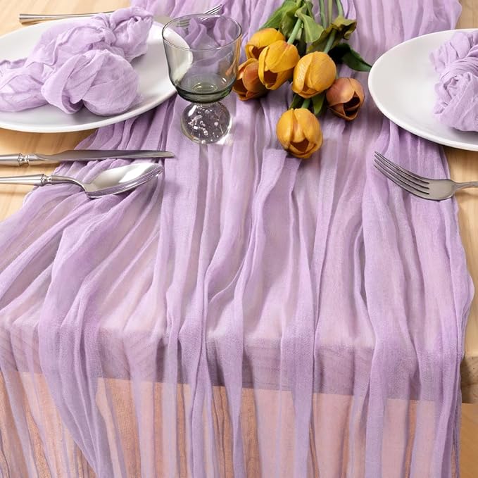 MLMC 3 Pack Lilac Purple Table Runner 10ft Lavender Cheesecloth Table Runner Rustic Gauze Cheese Cloth Spring Centerpiece Decor 35x120 Inches for Bridal Shower Birthday Wedding Decor
