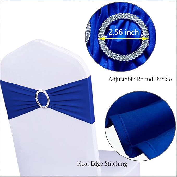 Pack of 100 Wedding Royal Blue Chair Sashes Bows, Elastic Spandex Chair Bands with Silver Buckle Slider for Weddings Birthday Party Baby Shower Events Decorations (Royal Blue)