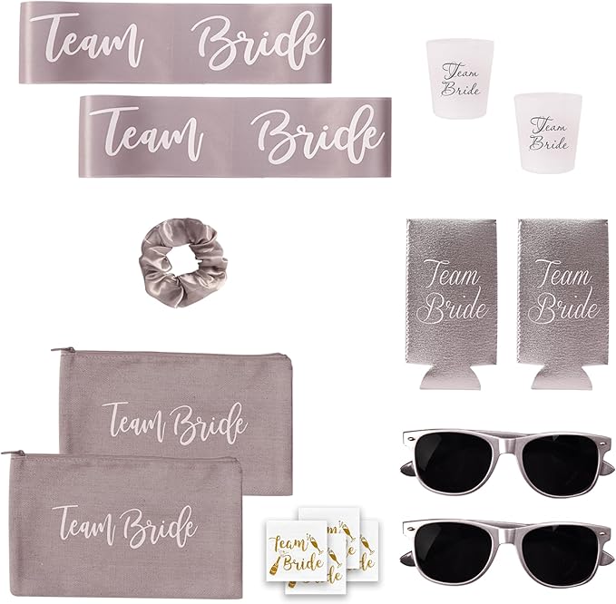 16 Piece Team Bride Bachelorette Party Favors Kit – Bridesmaid Proposal Gifts & Bachelorette Accessories | Decorations, Makeup Bags, Sashes, Sunglasses, Cups & More (Silver 2 Pack, 16)