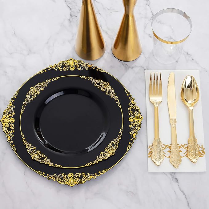 Hioasis 175pcs Black and Gold Plates - Black Party Plates for 25 Guest, Include 50 Heavy-duty Plates(20% Thicker Than Standard), 75 Cutlery Set, 25 Napkin, 25 Cups