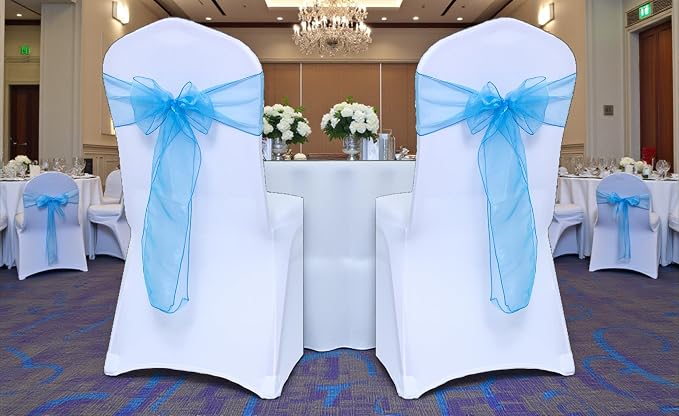 MDS® Pack of 25 Organza Chair Sashes for Wedding Decoration, Reusable Sheer Chair Bows for Banquet Chair Cover, Reception, Bridal Shower, Baby Shower, Birthday Party & Special Events - Blue