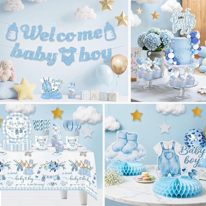 Blue Baby Boy Shower Decorations,224PCS Disposable Plates Napkins Set,Banner, Hanging Swirls, Centerpieces,Cake Topper,Tablecloth,Baby Shower Decorations for Boy Serves 24