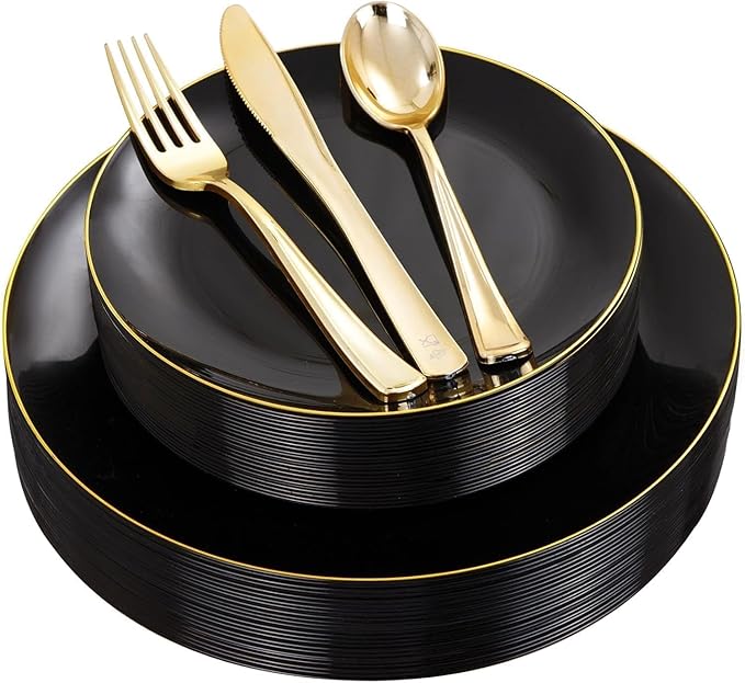 YOUBET 125PCS Black and Gold Plastic Plates - Black Disposable Plates With Gold Rim - Includes 25 Dinner Plates, 25 Dessert Plates, 75 Gold Silverware for Wedding Birthday Party
