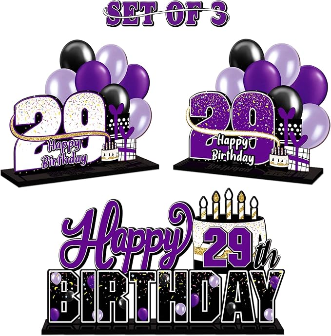 LINGTEER Happy 29th Birthday Purple Acrylic Table Topper Centerpieces Set - Cheers to 29 Years Old Birthday 29th Bday Party Gift Decorations.