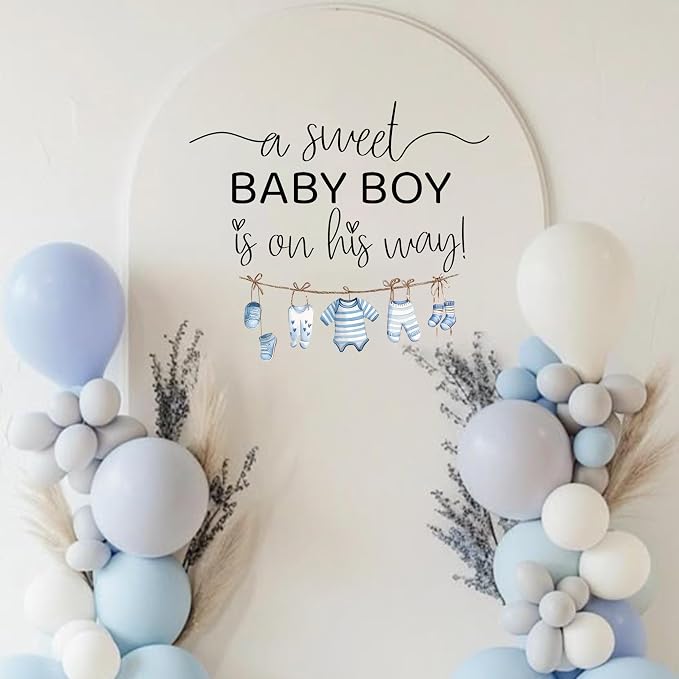 A Sweet Baby Boy is On His Way Decal - Baby Boy Gender Reveal Wall Decal, Nursery Shower Party Decoration, Blue Clothesline Design (Blue)