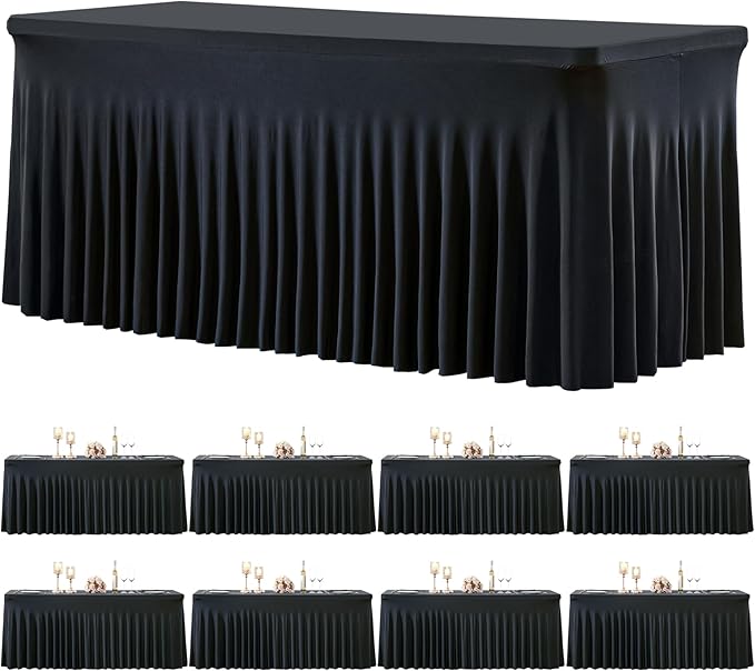 8 Pack Black Table Cloth for 6 Foot Rectangle Tables Spandex Fitted Tablecloth 6ft Stretch Table Covers Skirt Black Banquet Tablecloths Wrinkle Free Tablecloth for Party Wedding Birthday Event