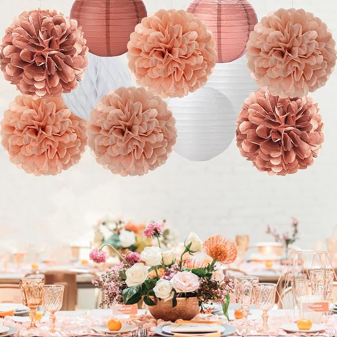 Rose Gold Paper Flowers Tissue Pom Poms Honeycomb Lanterns 15pcs Party Decorations Galentines Birthday Wedding Baby Shower Mothers Day Hanging Supplies Mprocherify