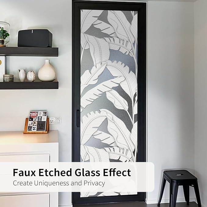 Faux 3D Frosted Tropical Window Privacy Film for Glass Door and Window, 16.93"x78.74" 3D-Banana Leaves
