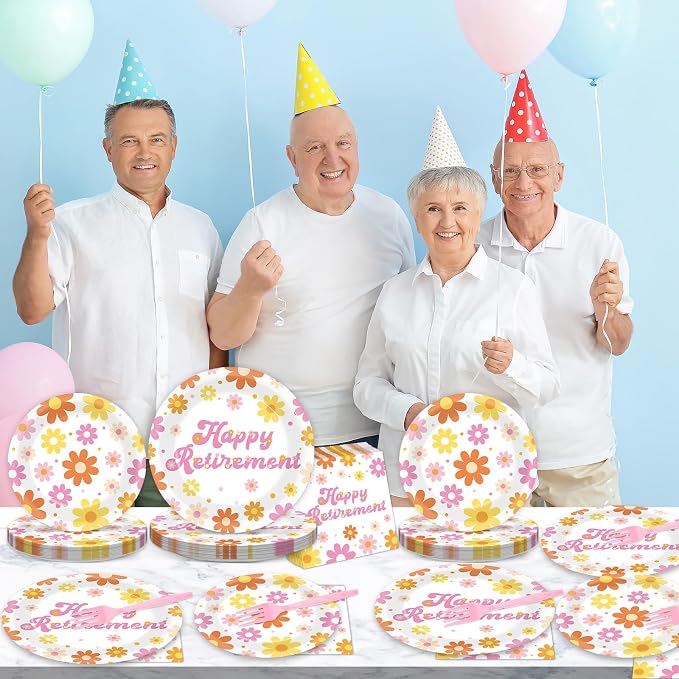 96Pcs Retirement Party Supplies Happy Retirement Plates and Napkins Colorful Daisy Flower Tableware Set Floral Disposable Dinnerware for Women Goodbye Going Away Farewell Party Decorations 24 Guests