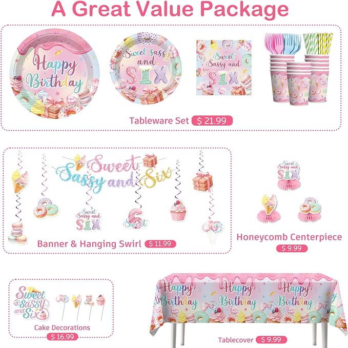 330pcs Sweet Sassy and Six Birthday Decorations with Tableware Set, Banner, Hanging, Tablecloth, Cake Topper, Centerpieces, Balloon, for 6 Year Old Girl Birthday Decorations, Serves 50