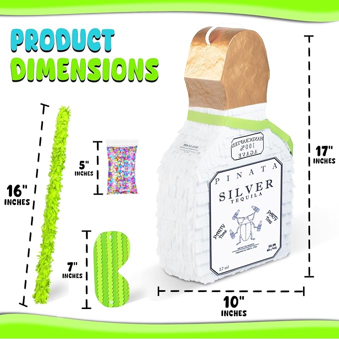 Jergrim White Tequila Bottle Piñata 4-piece set, 16x11x3 inches, Perfect for Party Decorations, Photo Prop, Cinco de Mayp, Birthday, Funny Anniversary, 21 birthday - Fits candy/favors