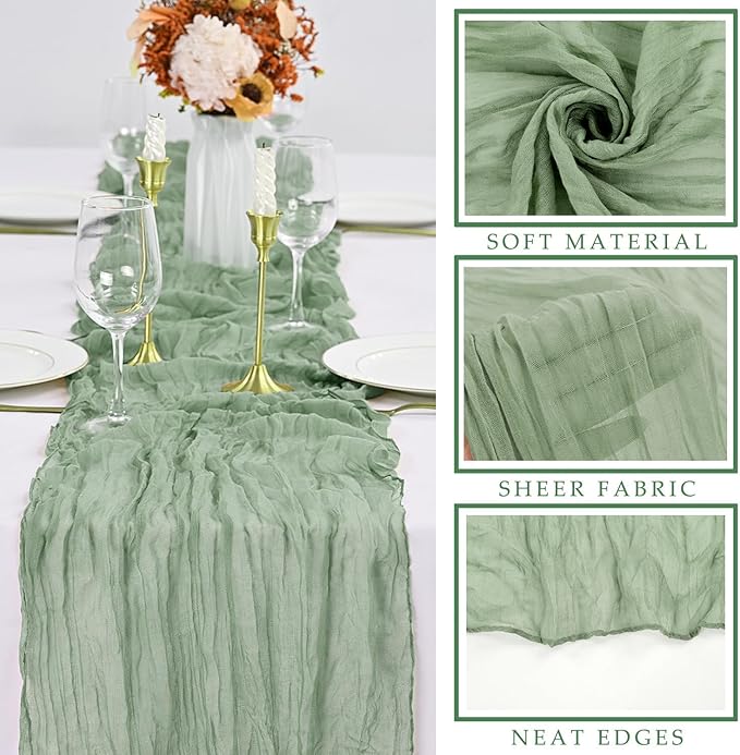 6 Pcs Sage Green Cheesecloth Table Runner 10FT Runner for Tables 35 x 120 Inches Long Gauze Boho Fabric Table Runner Decoration Rustic Sheer Runner for Wedding Birthday Baby Shower Party (Sage Green)